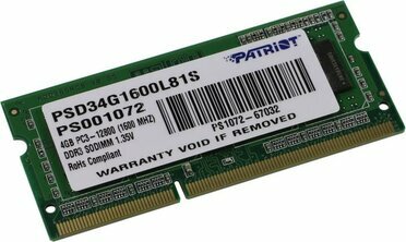 Patriot PSD34G1600L81S DDR3 SODIMM  4Gb PC3-12800  CL11 for NoteBook